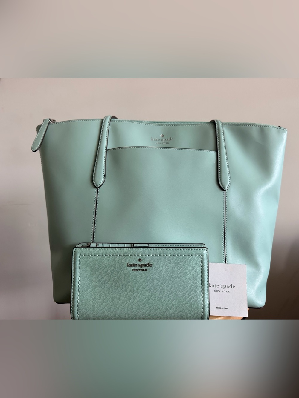 Kate Spade Lalena Large Pocket Tote + Matching Wallet – Mint/Pistachio Set